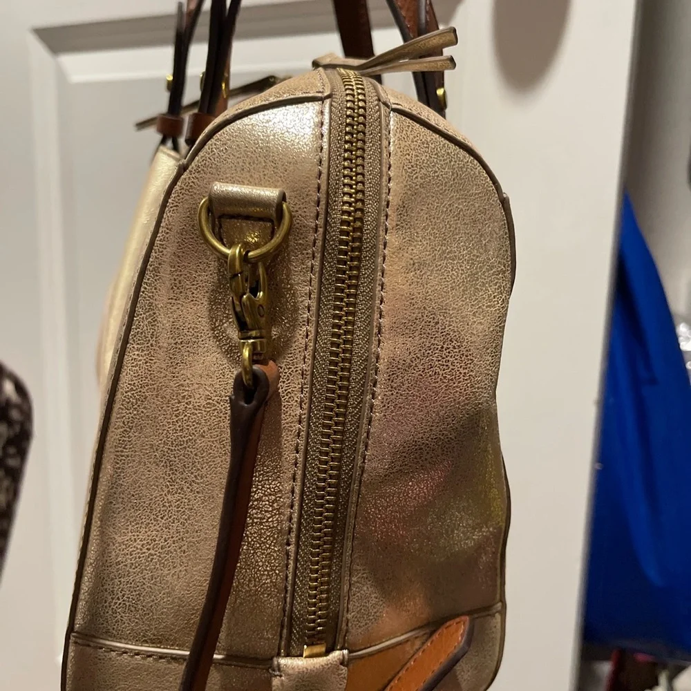 Fossil Metallic Gold Leather Satchel with Brown Handles